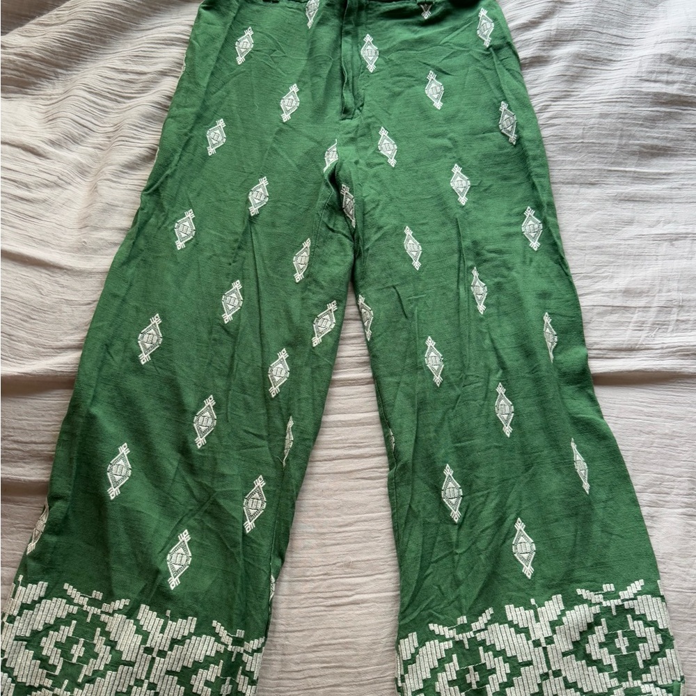 Green Patterned Wide-Leg Pants